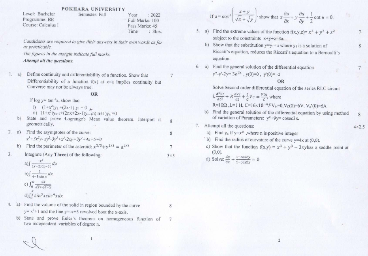 Calculus I (BE) Fall 2022 - Question Paper - Studocu