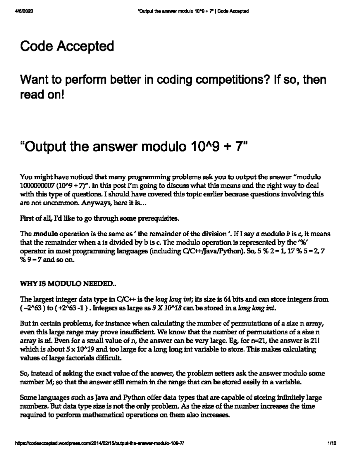Modulo Arithmetic: Understanding Code Accepted for Competitive ...
