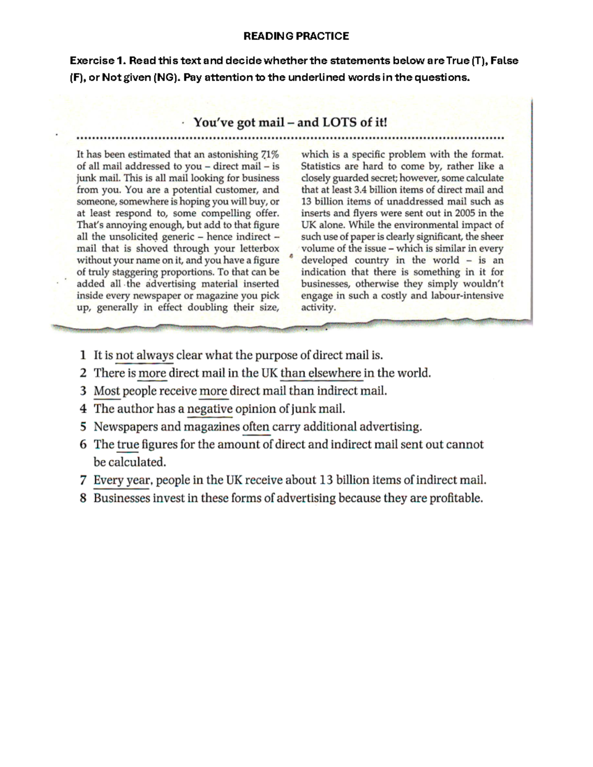Reading Practice Exercise 1: True, False, Not Given Statements - Studocu