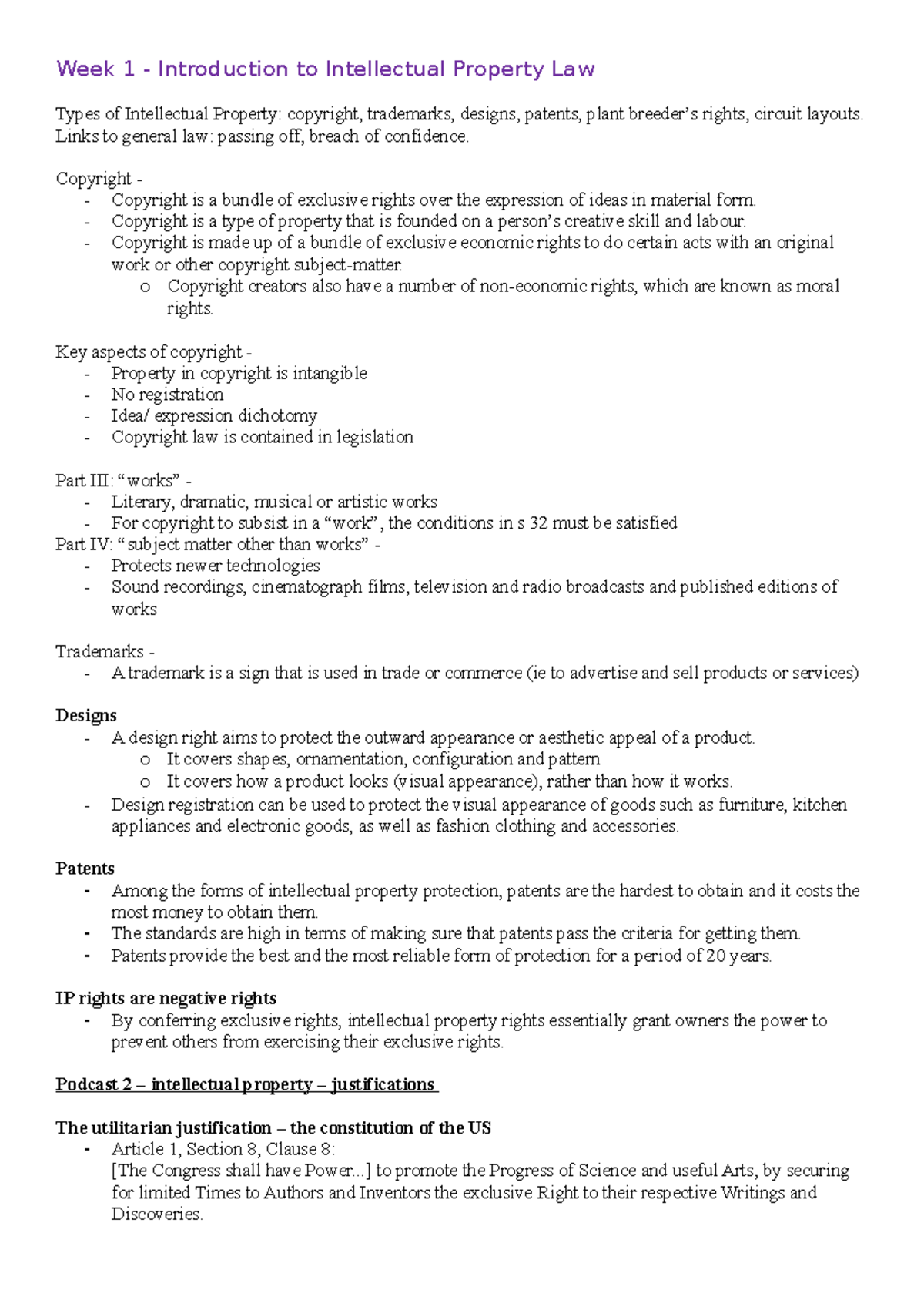 IP Lecture Notes: Week 1 - Introduction to Intellectual Property Law ...