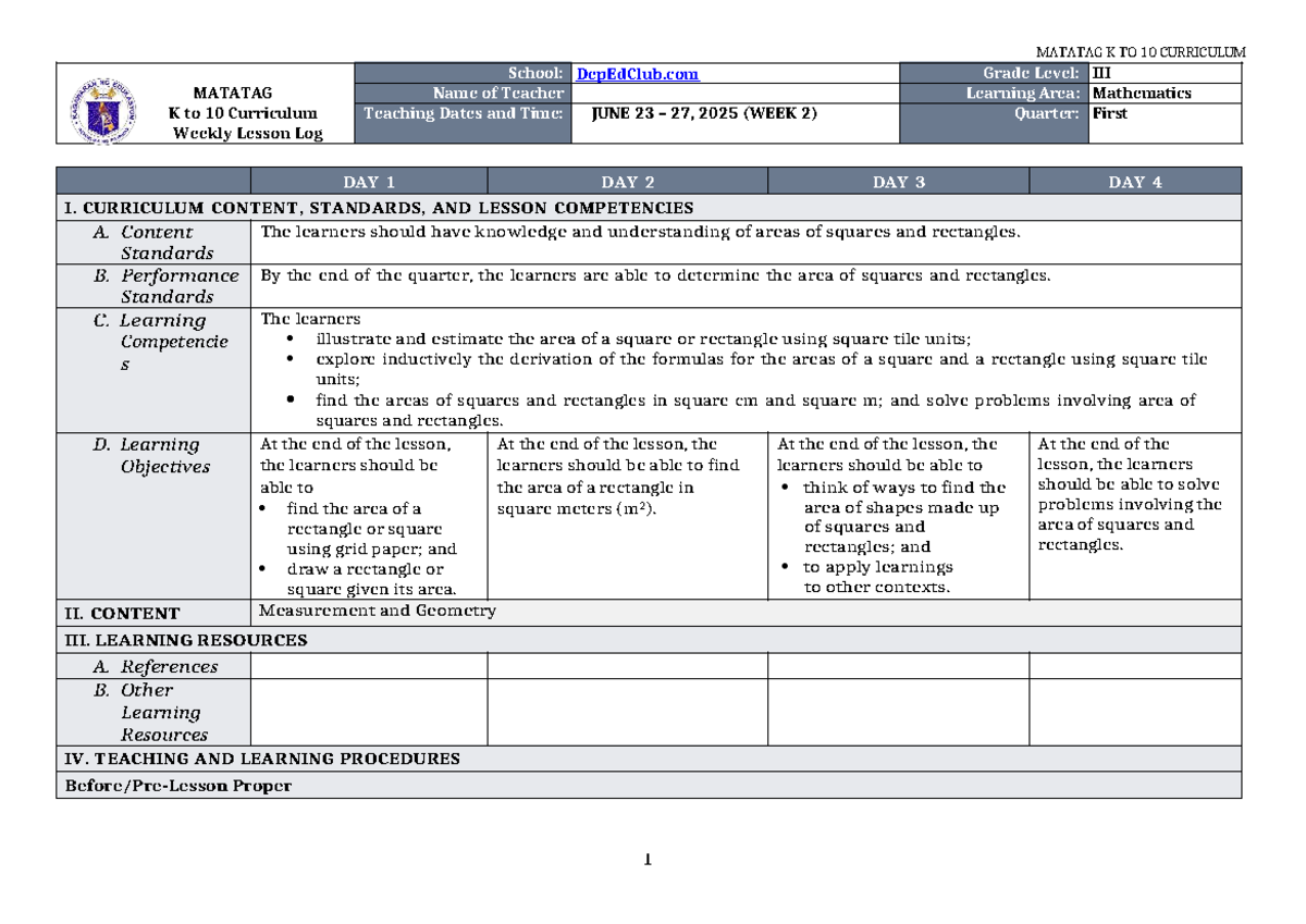 DLL Matatag K to 10 Mathematics 3 Weekly Lesson Log (Q1 W2) - Studocu
