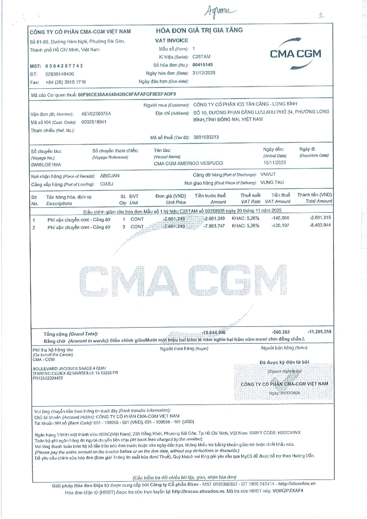 CMA-CGM Invoice Details for Bill AEV0236075 - Studocu