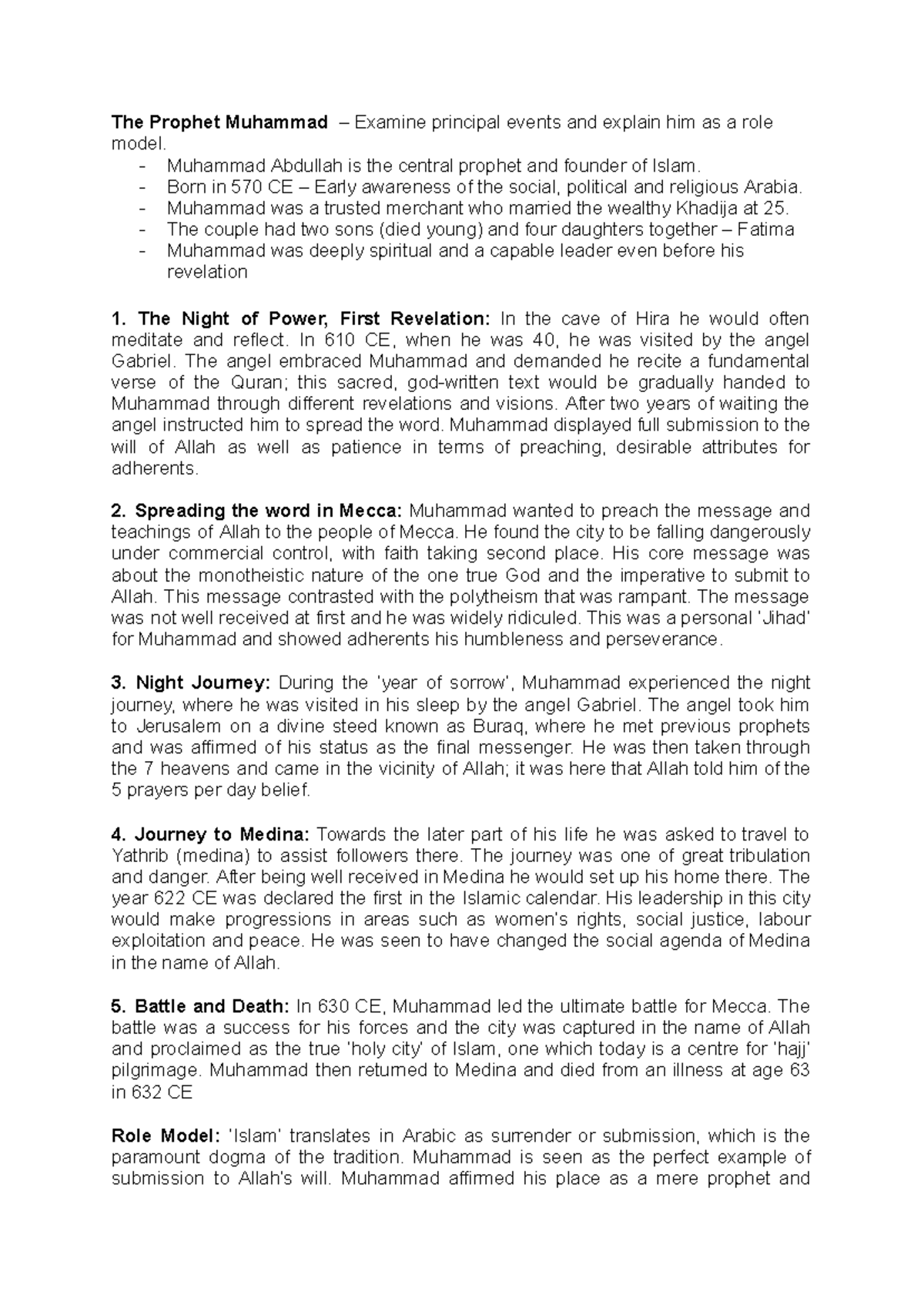 Islam Summary Sheet: Key Events and Role Model of Prophet Muhammad ...