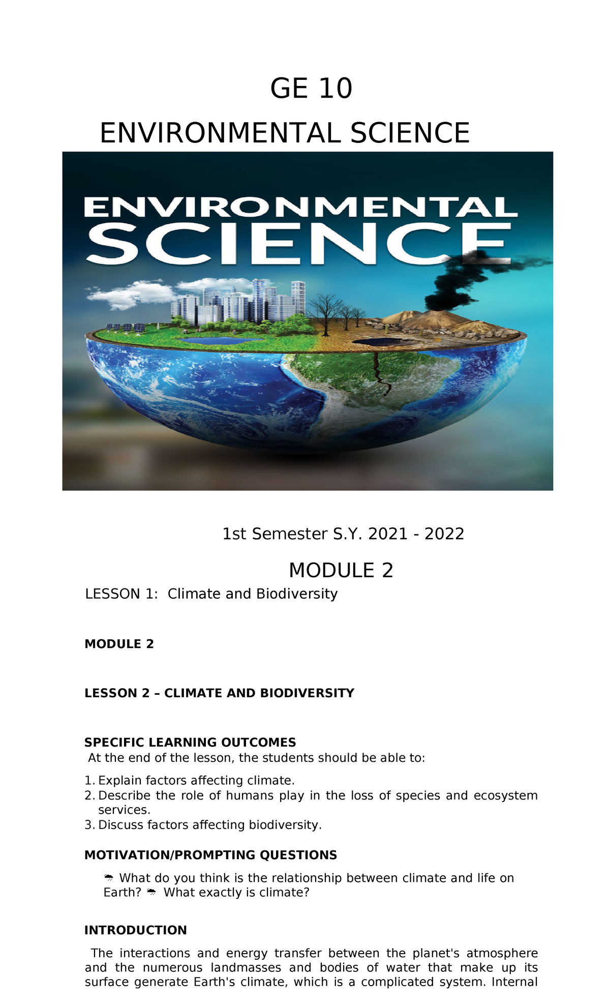 Ge 10 module 2 - GE10 - GE 10 ENVIRONMENTAL SCIENCE 1st Semester S ...