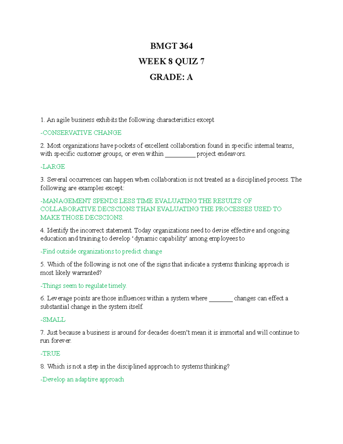 BMGT 364 WEEK 8 QUIZ 7 - QUIZ FOR WEEK 8, GRADE :A - BMGT