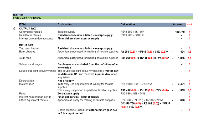 BUS 100 LO12 VAT Question 1 Solution and Calculations - Studocu