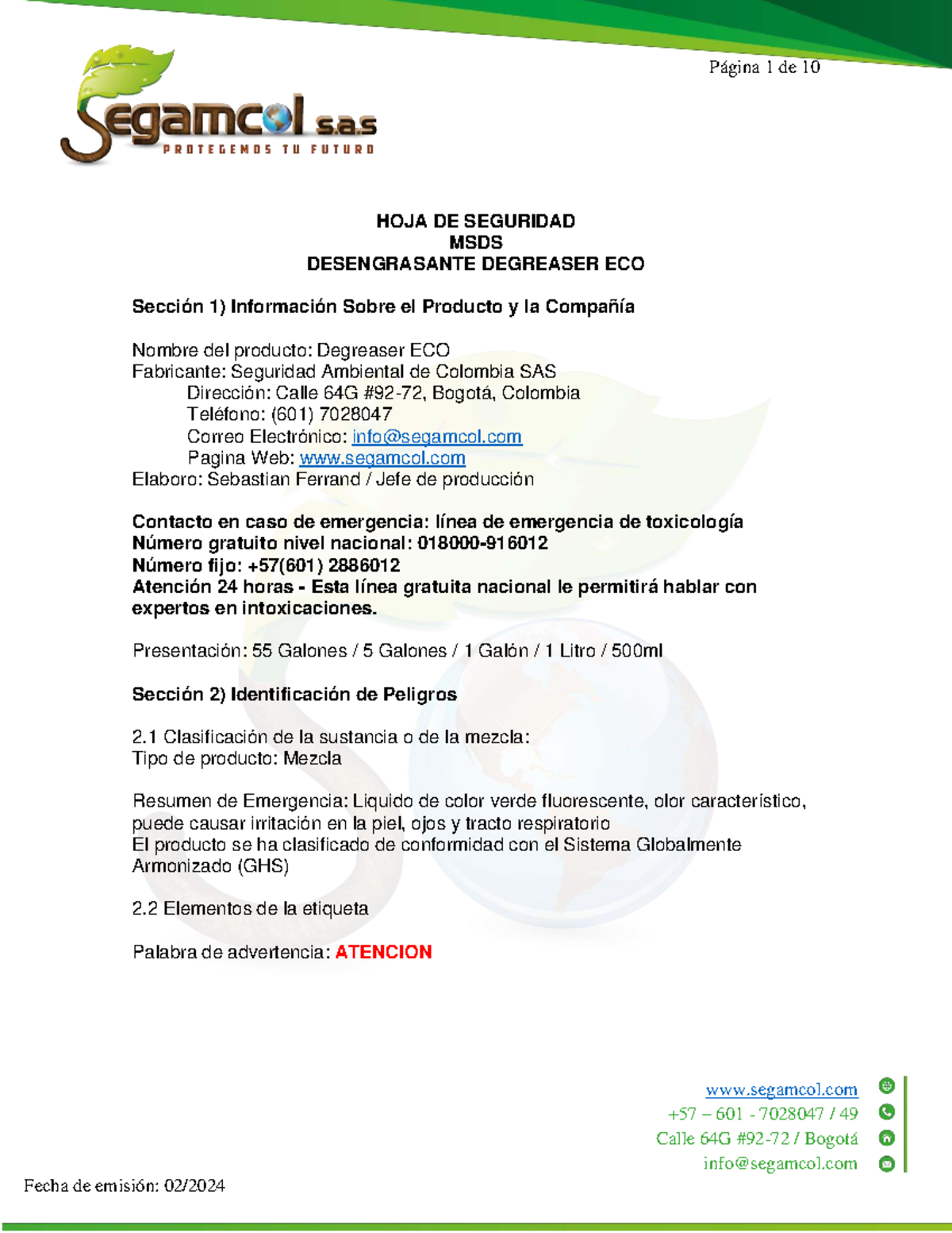Hoja de Seguridad MSDS - Degreaser ECO (601) - Studocu