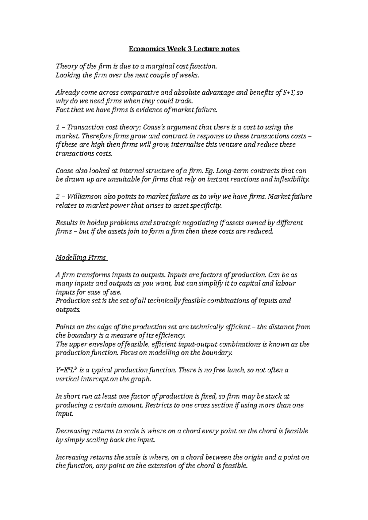 Economics Week 3 Lecture notes - Economics Week 3 Lecture notes Theory ...