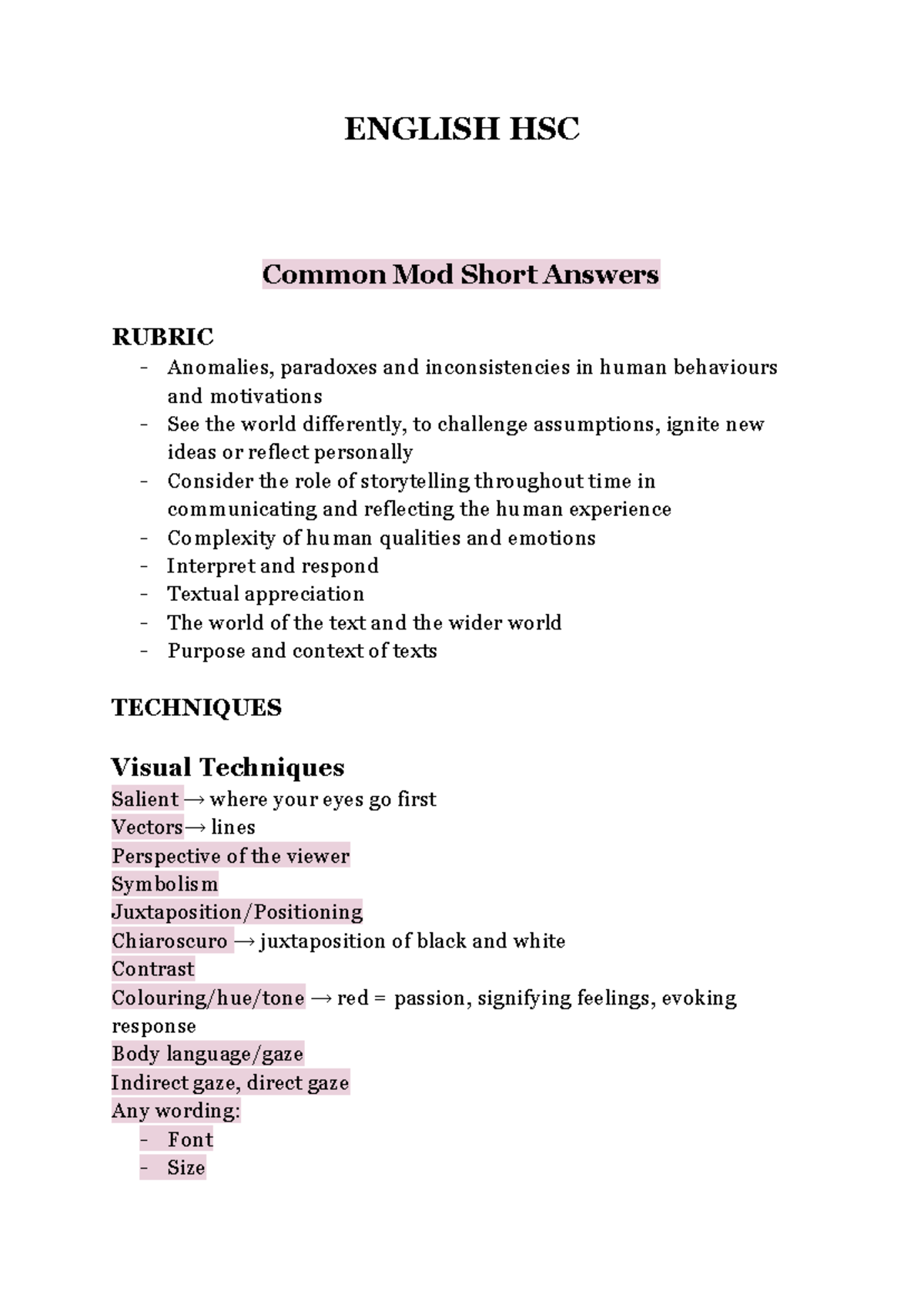 English HSC notes - ENGLISH HSC Common Mod Short Answers RUBRIC ...