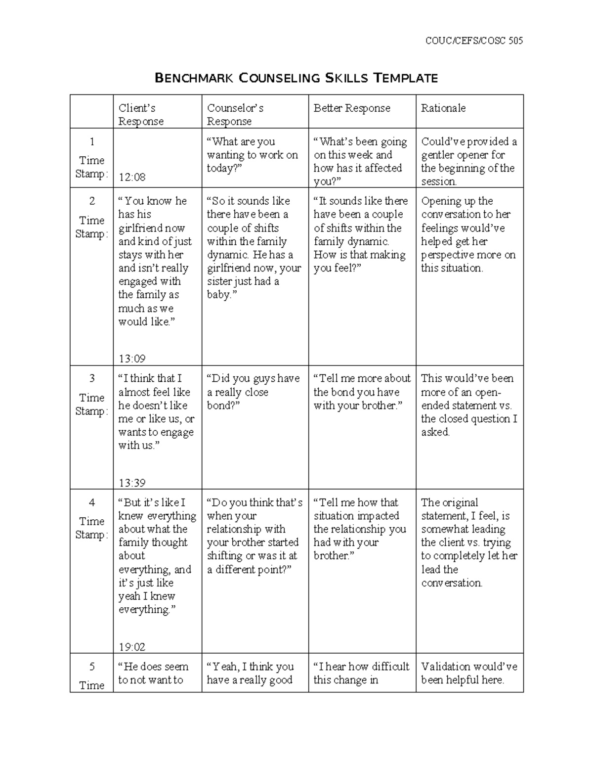 Benchmark Counseling Skills Template - COUC/CEFS/COSC 505 BENCHMARK ...