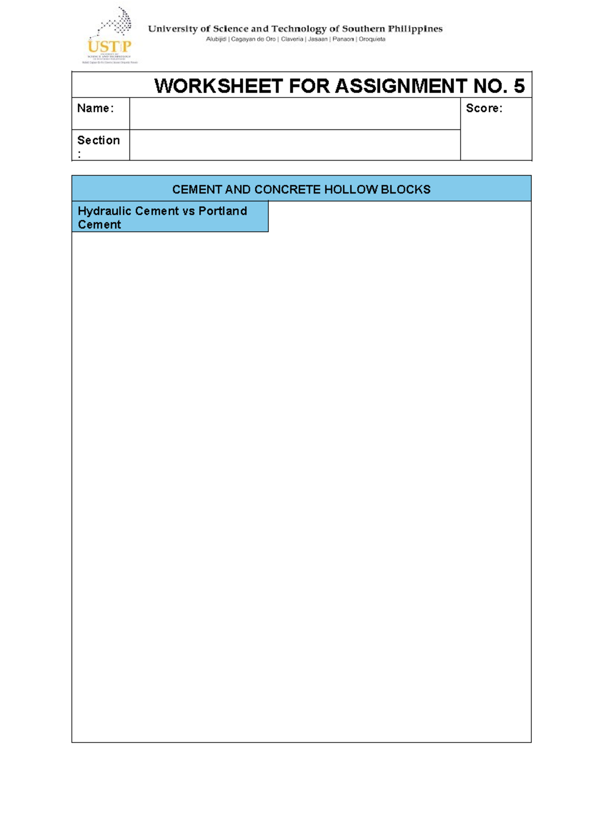Worksheet FOR Assignment NO 5 - Bachelor of Science in Civil ...