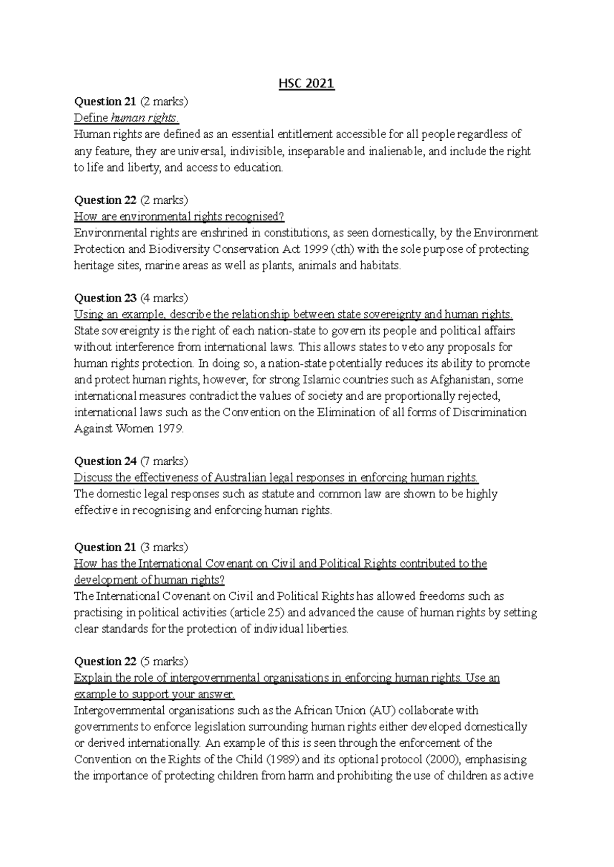 Human Rights Study Guide Answers (SA) - HSC Exam Preparation - Studocu