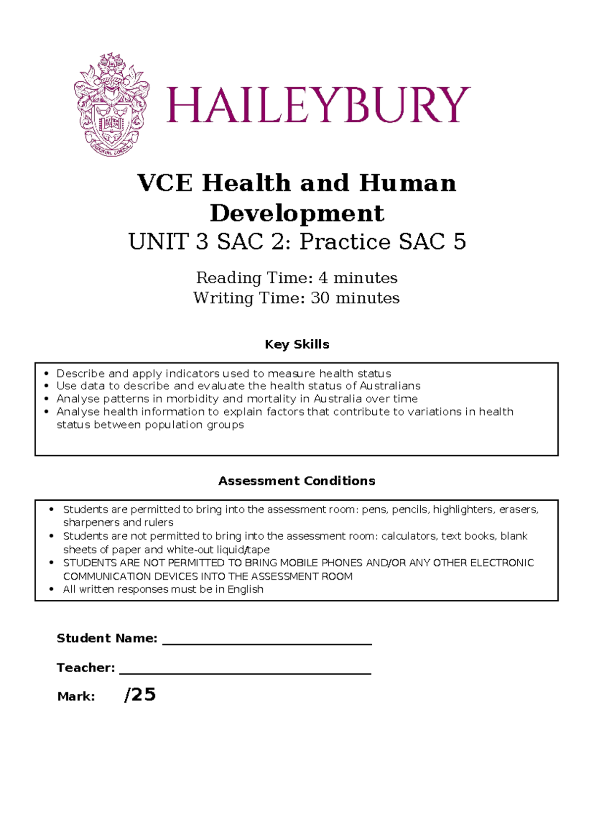 2025 HHD Unit 3 SAC 2 Practice SAC 5 - VCE Health and Human Development ...