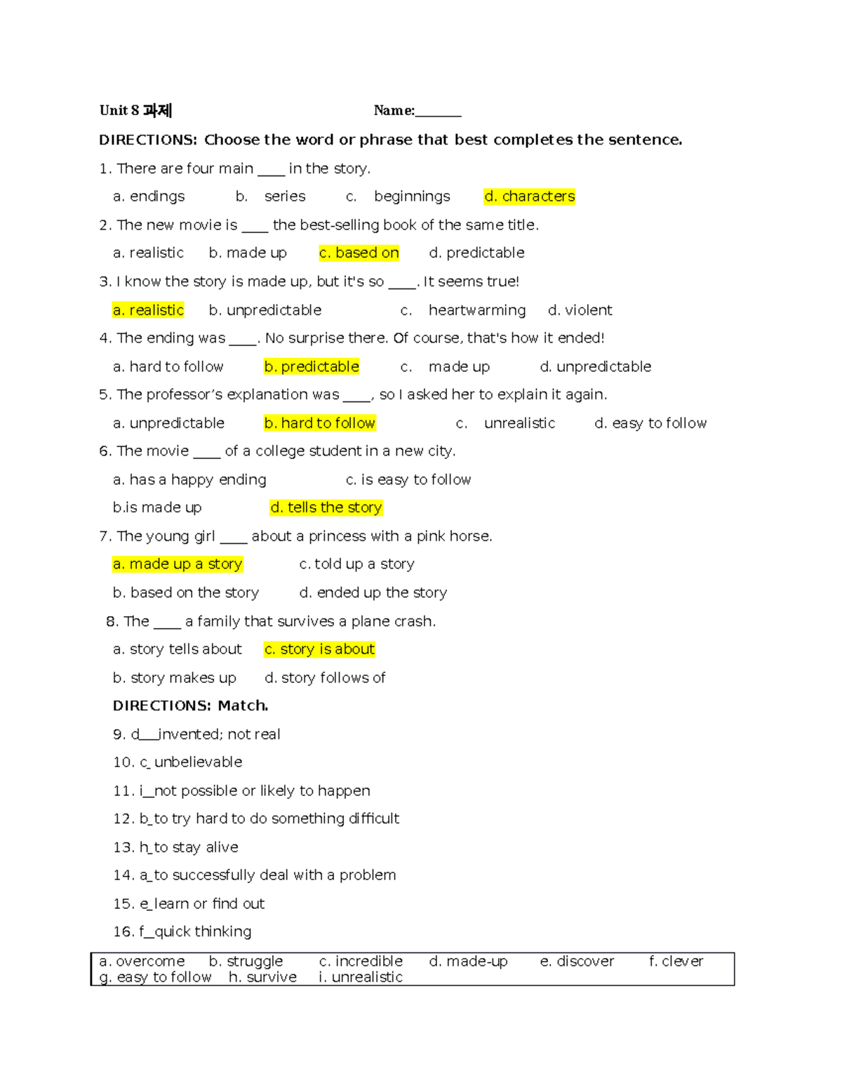 Unit 8 과제 Answer Key: Sentence Completion and Matching Exercises - Studocu
