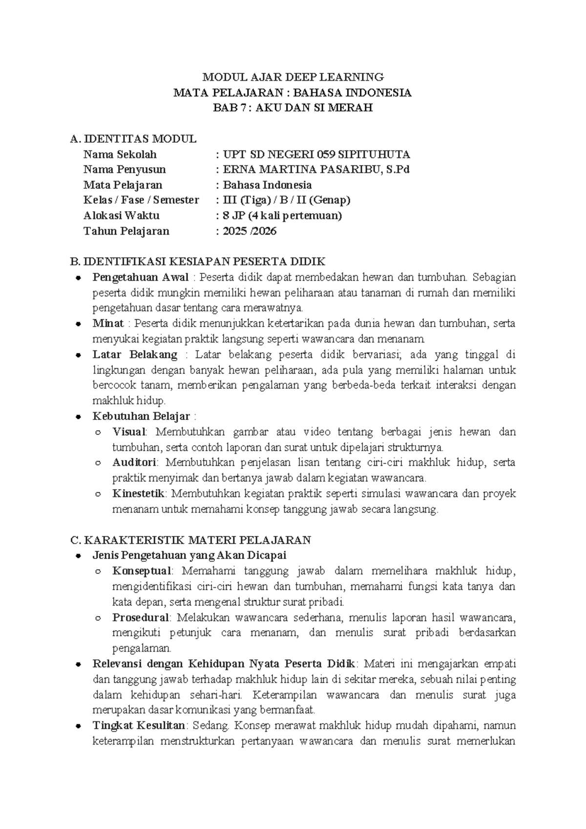 RPP Deep Learning Bahasa Indonesia Kelas III: Aku dan Si Merah - Document Preview