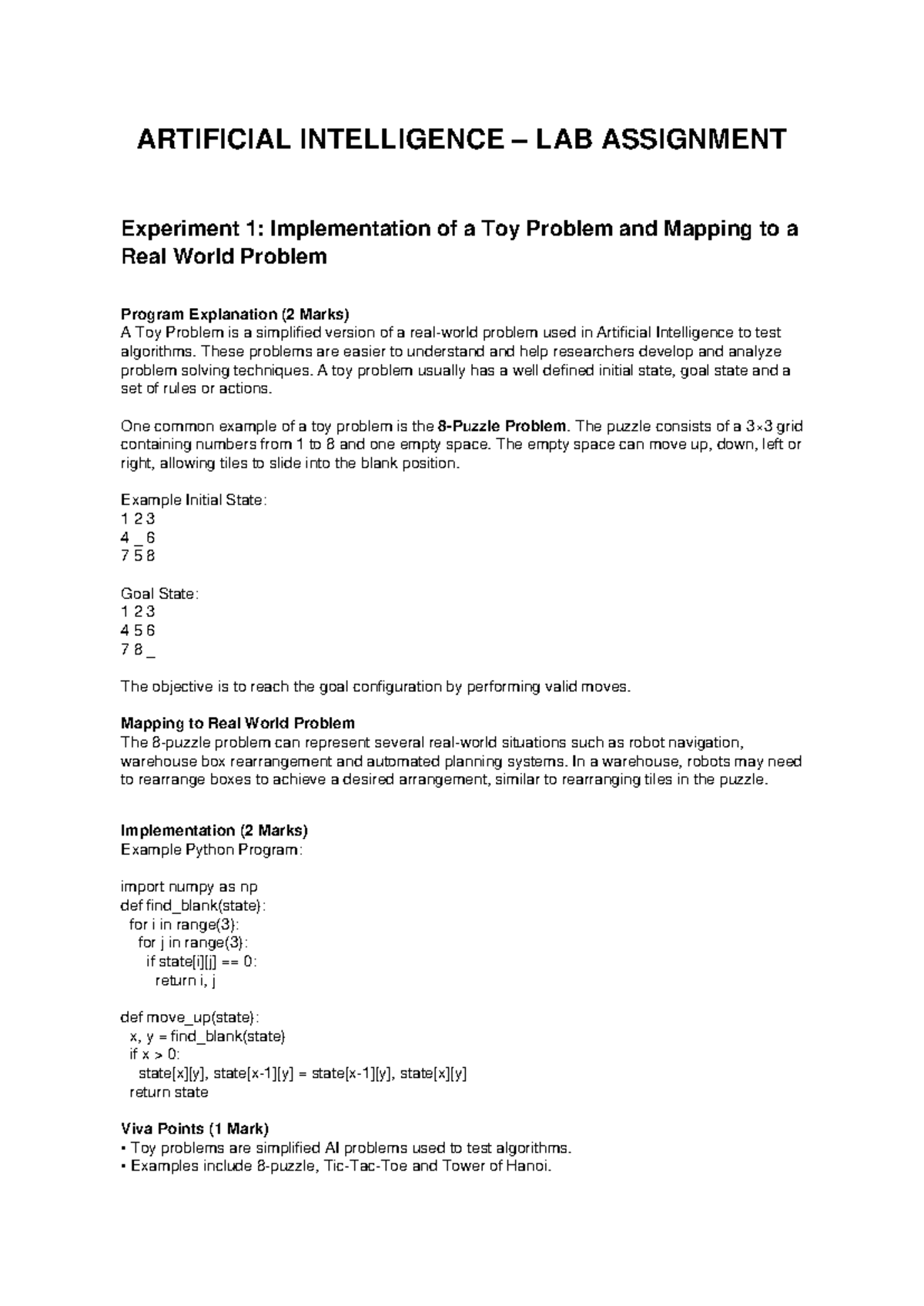 AI Lab Assignment: Toy Problem Implementation & Real-World Mapping ...