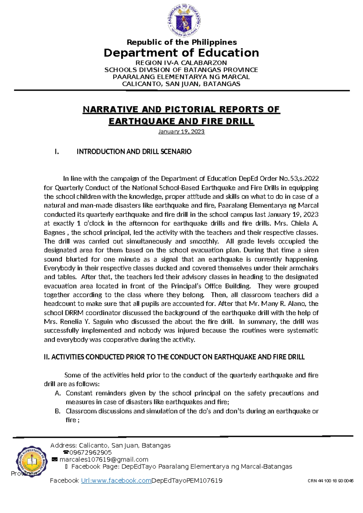 Narrative Report on DRRM: Earthquake & Fire Drill - March 24, 2023 ...