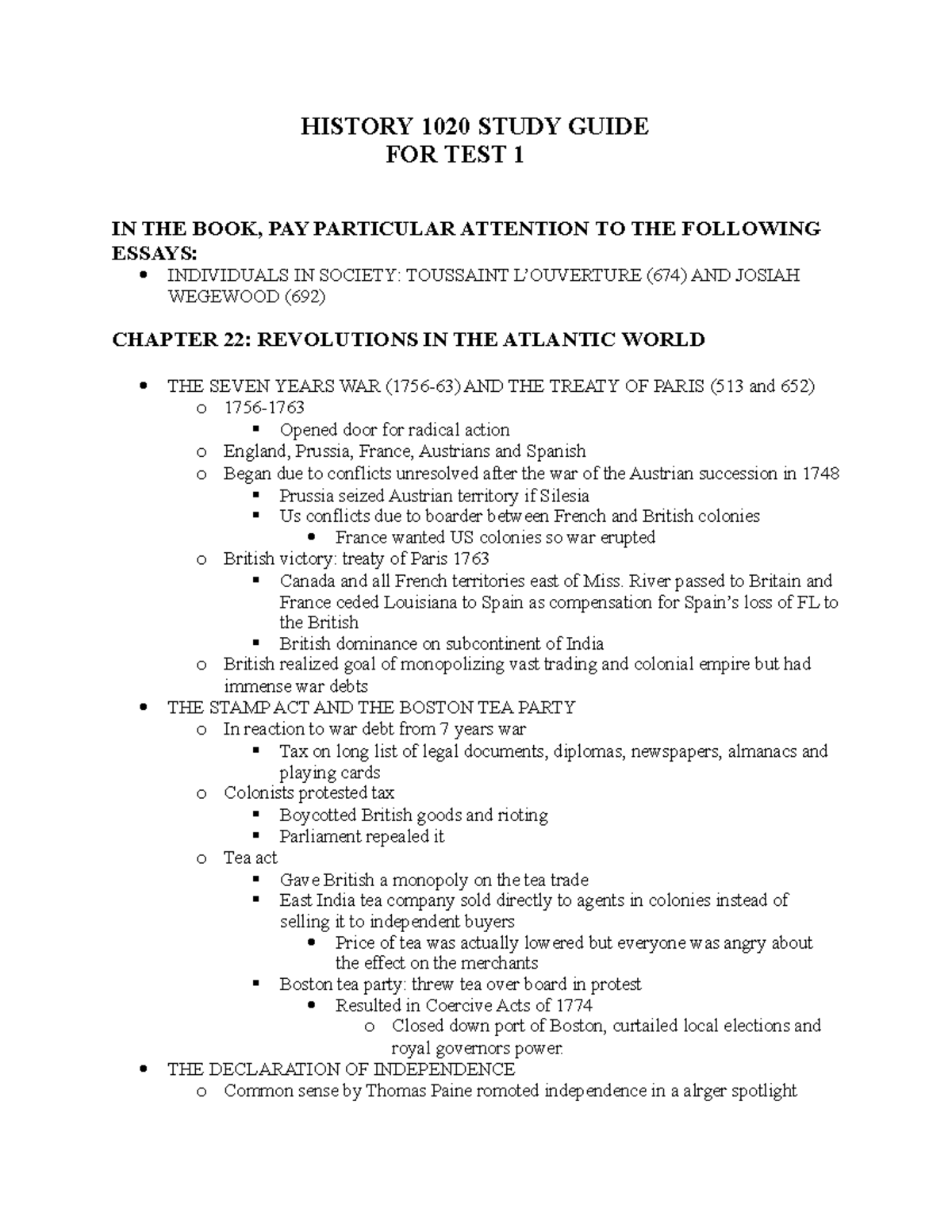 HIST 1020 Study Guide for Exam 1: Key Concepts & Events to Know - Studocu