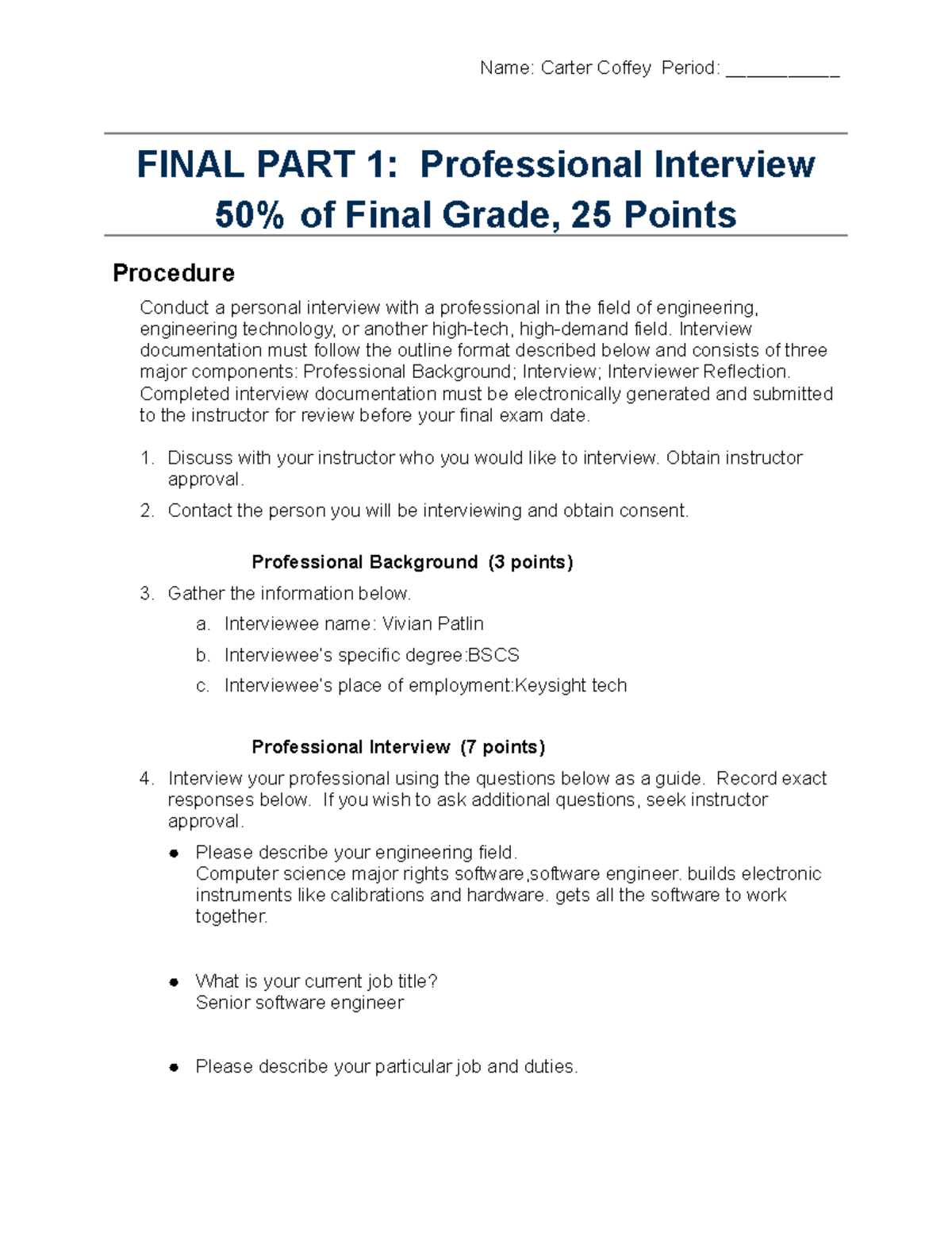 Professional Interview Documentation - Engineering Field (Final Exam ...