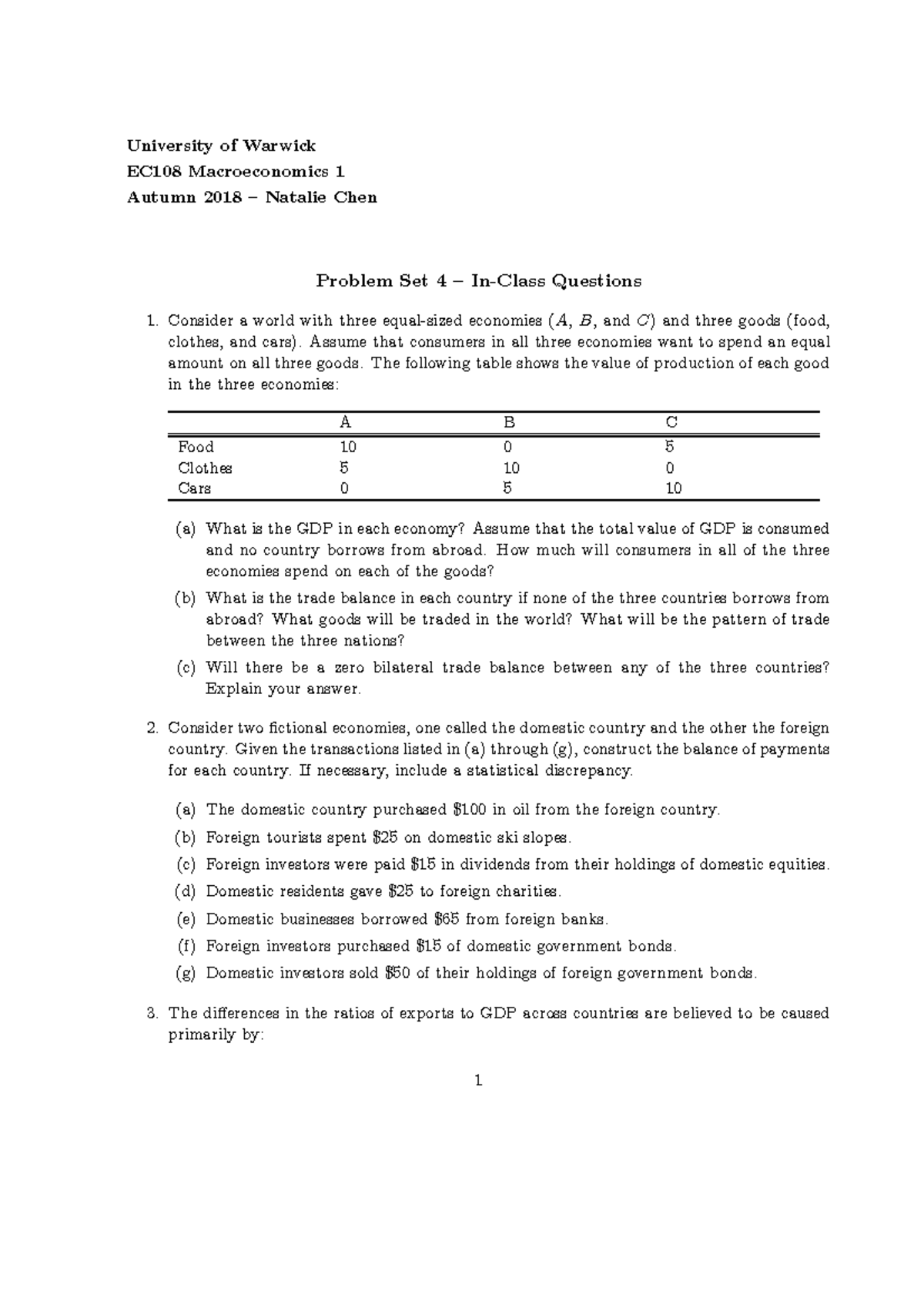EC108 Problem Set 4 - In-Class Economics Questions (Autumn 2018) - Studocu