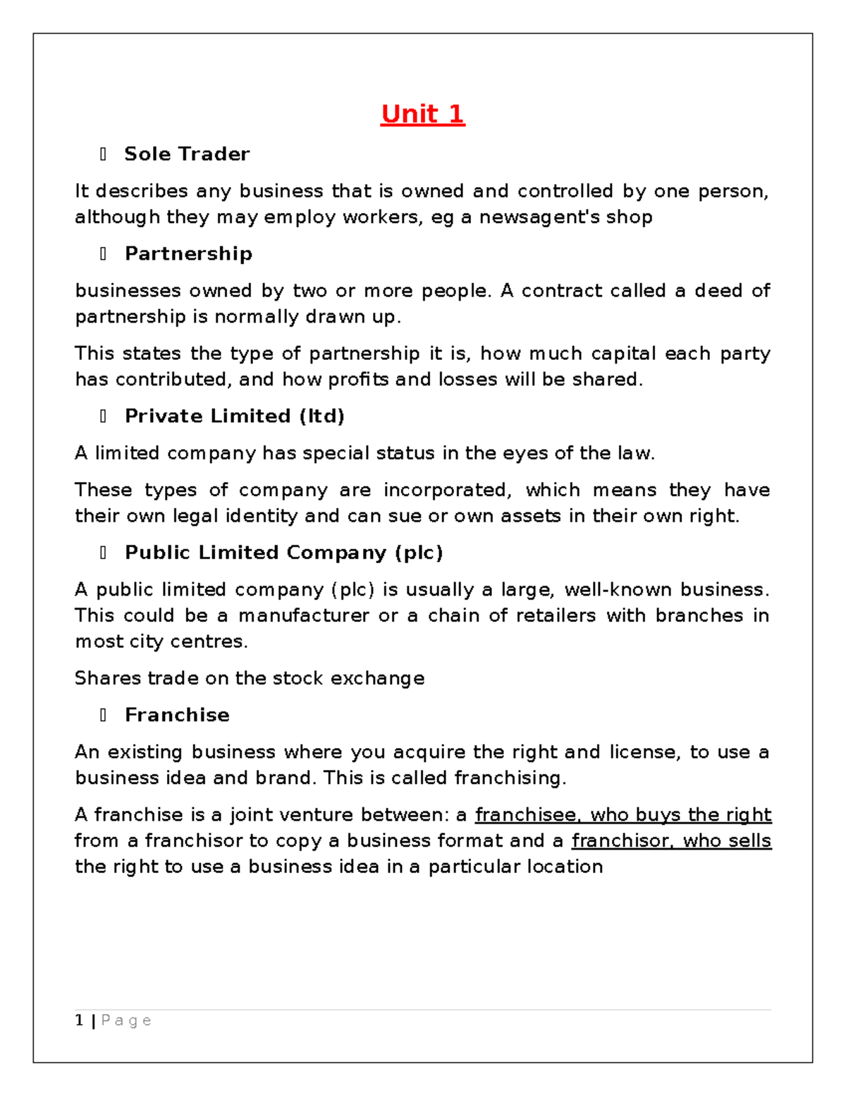 Unit 1-10 Business Concepts Revision Notes for Midterm Exam - Studocu