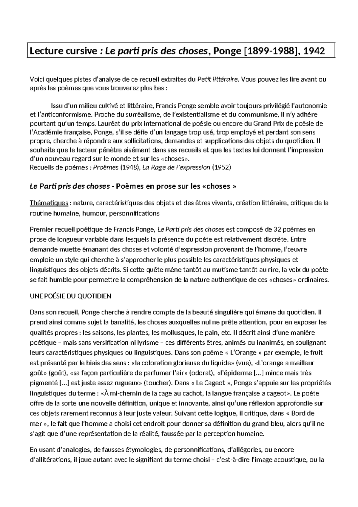 Lecture cursive Parti pris des choses Ponge OI - Lecture cursive : Le ...