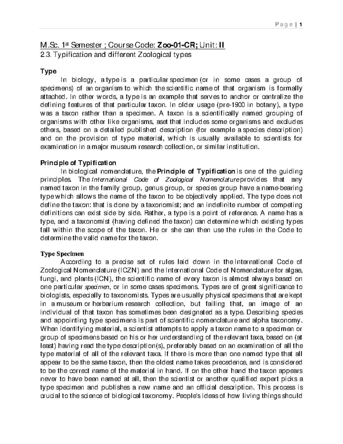 Typification and Zoological Types: Insights for Unit II (Zoo-01-CR ...