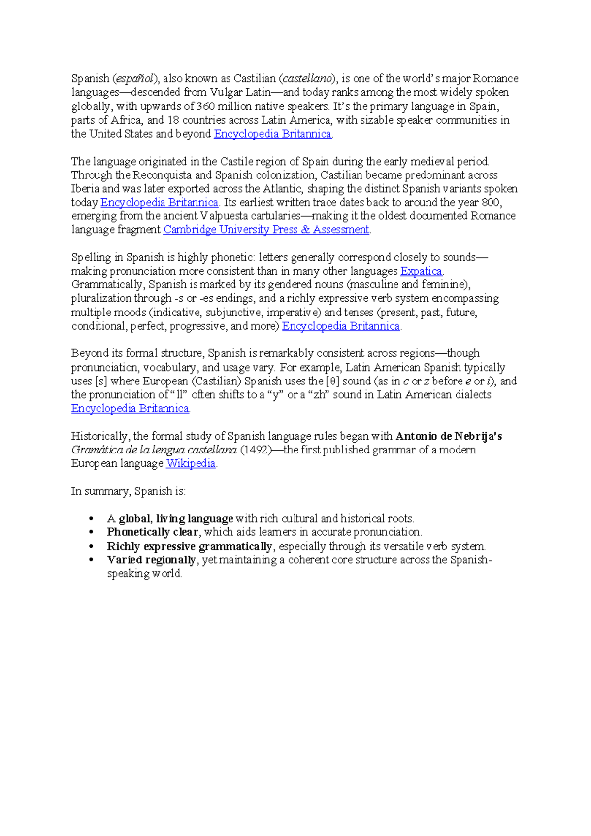 Spanish (español) Introduction Notes: A Global Language Overview - Studocu