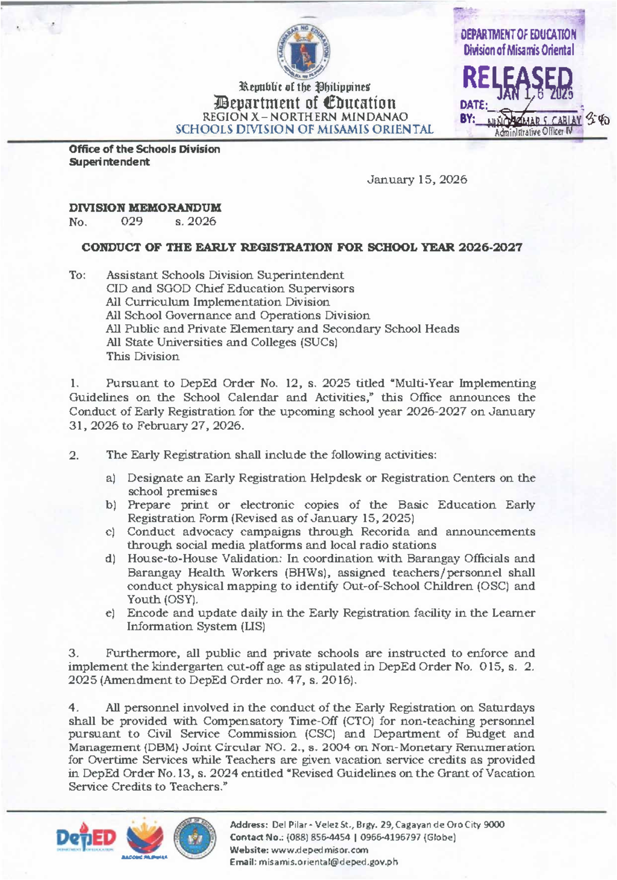 Division Memorandum No. 029 s. 2026: Early Registration Guidelines ...