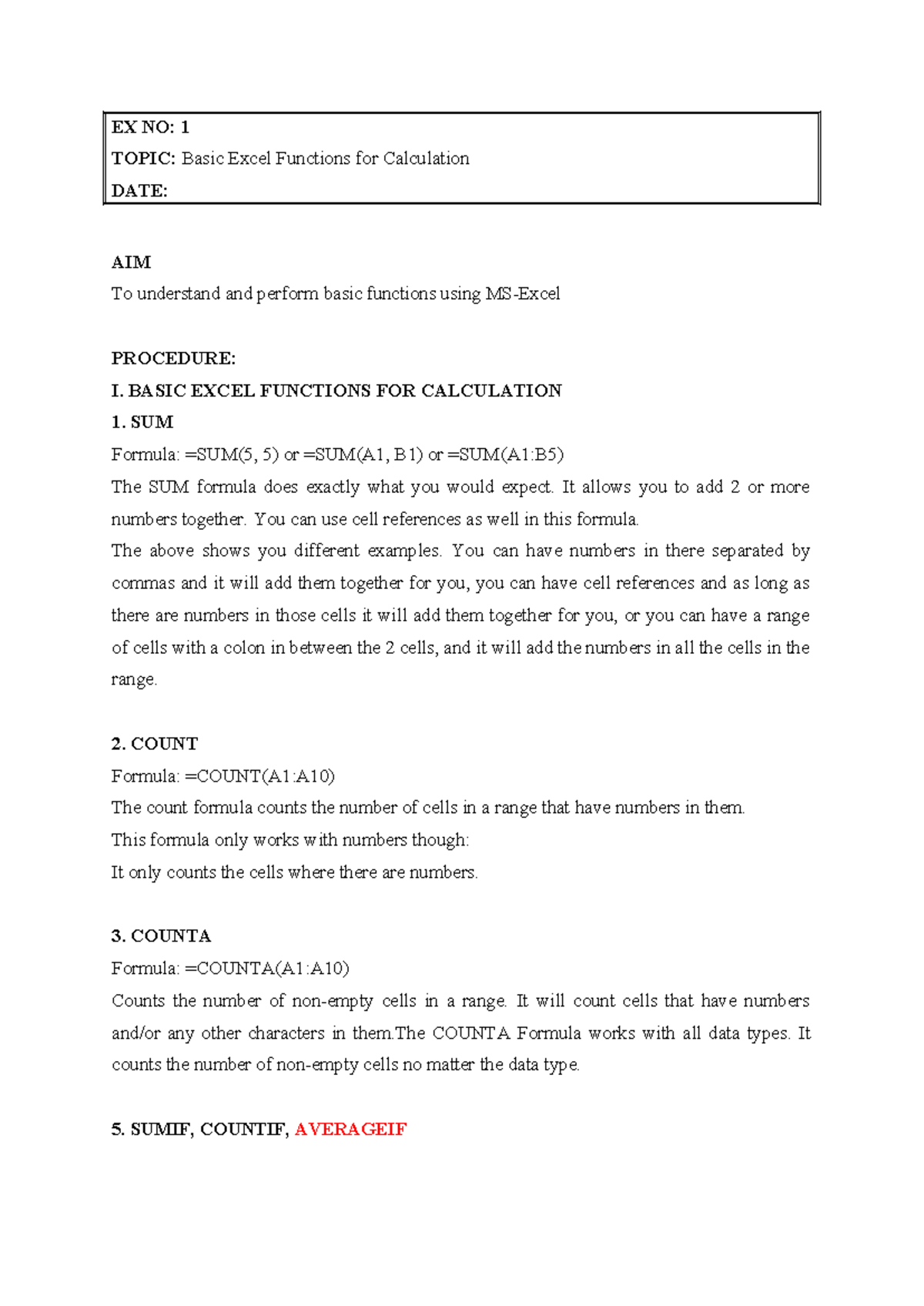 1.3 Basic Excel Functions and Descriptives - EX NO: 1 TOPIC: Basic ...