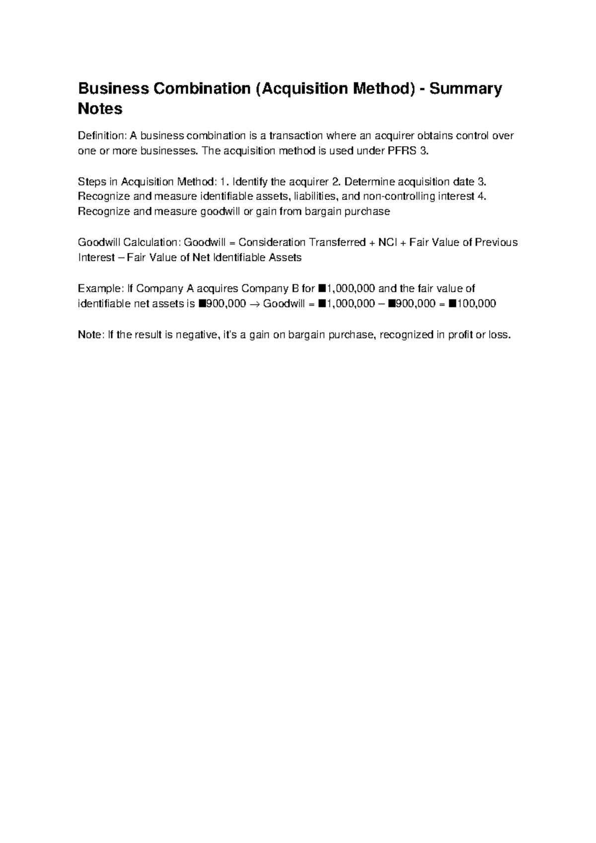 PFRS 3 Business Combination (Acquisition Method) Summary Notes - Studocu