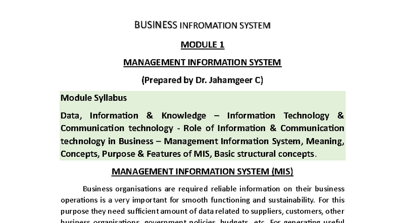 BIS Module 1 - Management Information System Study Notes - Studocu