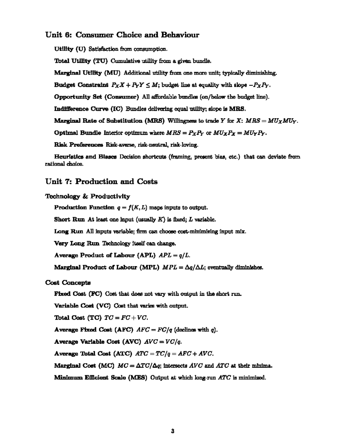 Econ 101: Unit 6 & 7 Summary - Consumer Choice & Production Costs - Studocu