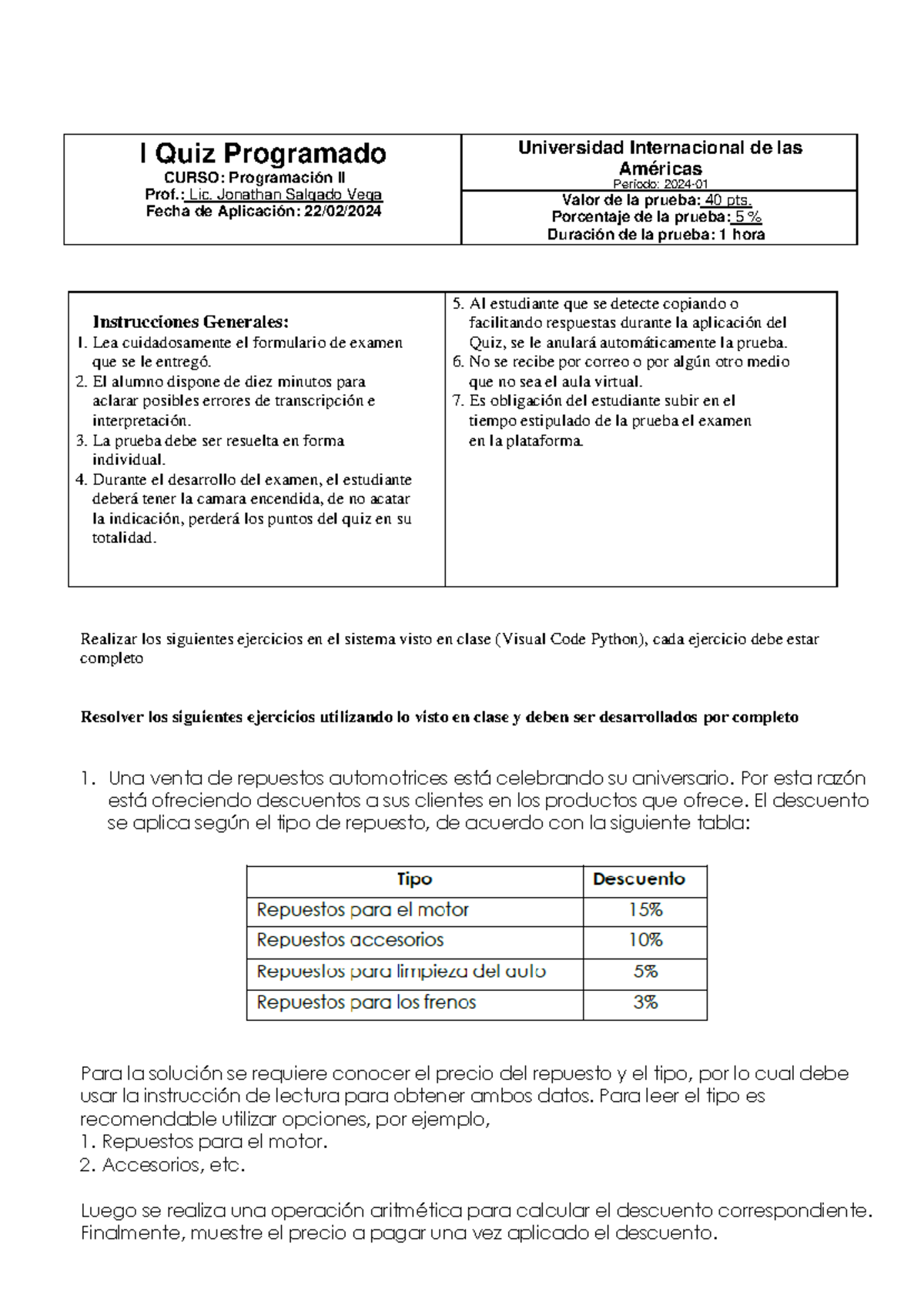 Quiz Programacion II - Practica de repaso - I Quiz Programado CURSO ...