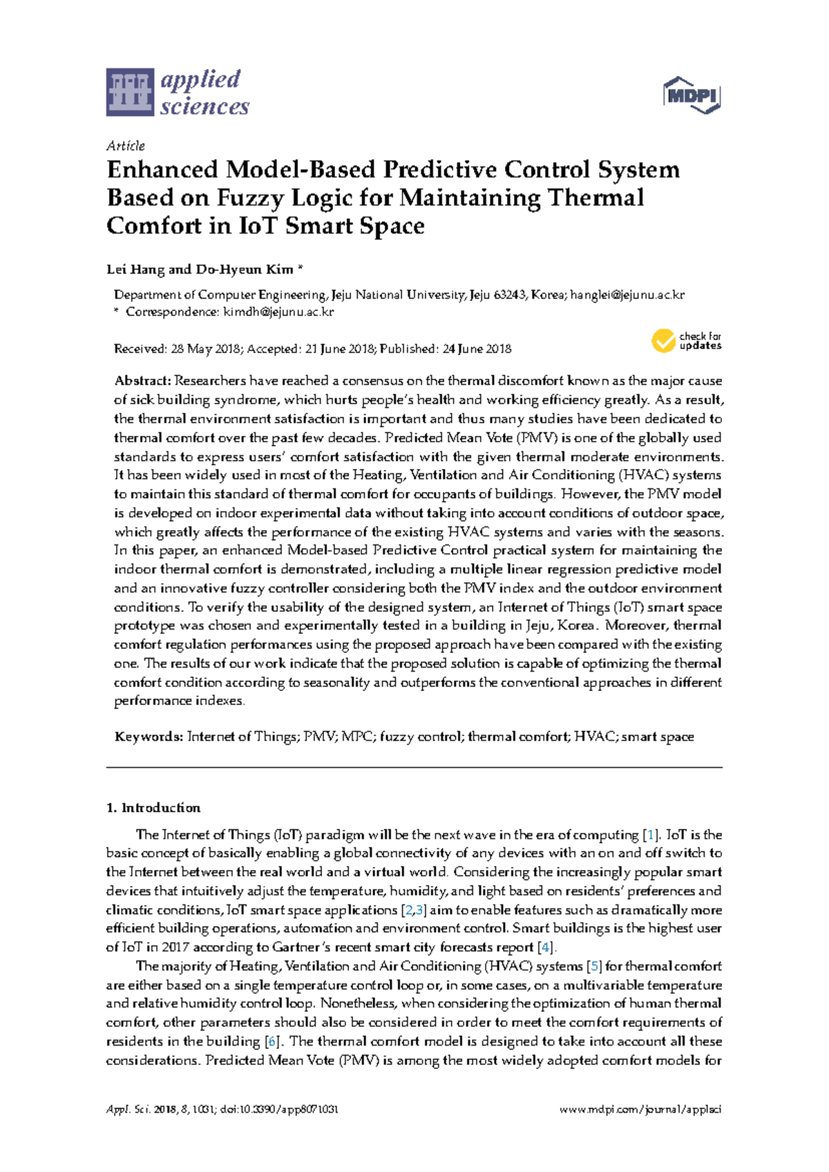 Enhanced Predictive Control for Thermal Comfort in IoT Smart Spaces ...