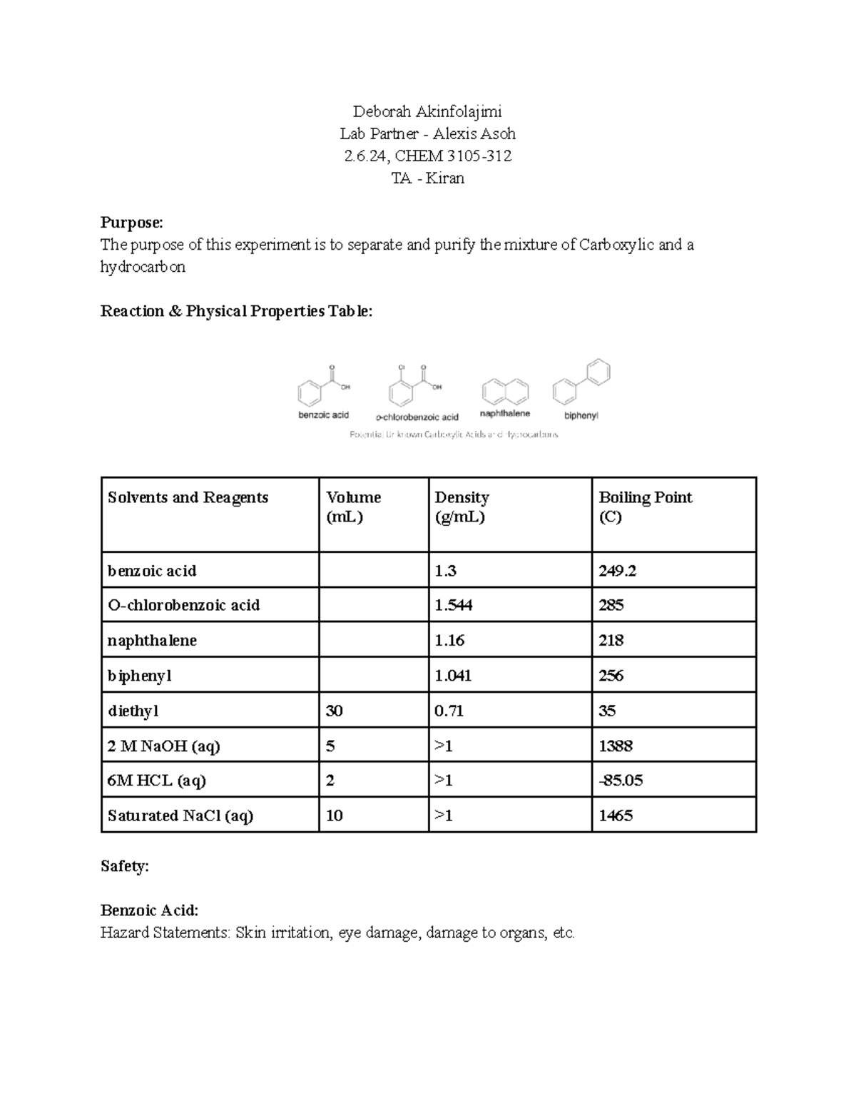 CHEM 3105 LAB Report 2: Separation of Carboxylic Acid & Hydrocarbon ...