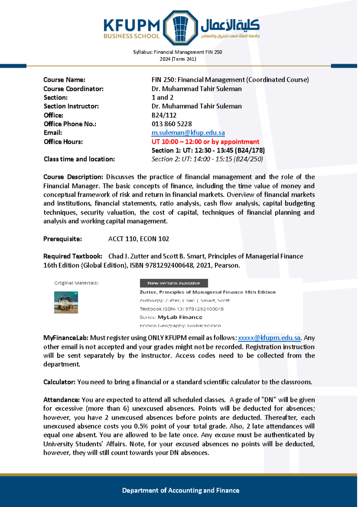 FIN 250 Syllabus for Term 241: Financial Management Overview - Studocu