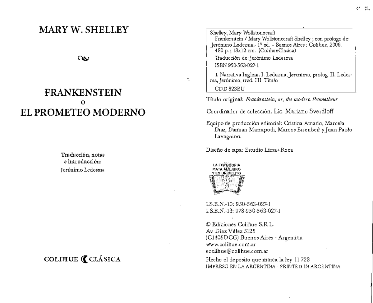 Introducción a "Frankenstein" de Mary Shelley - Ed. Colihue - Studocu