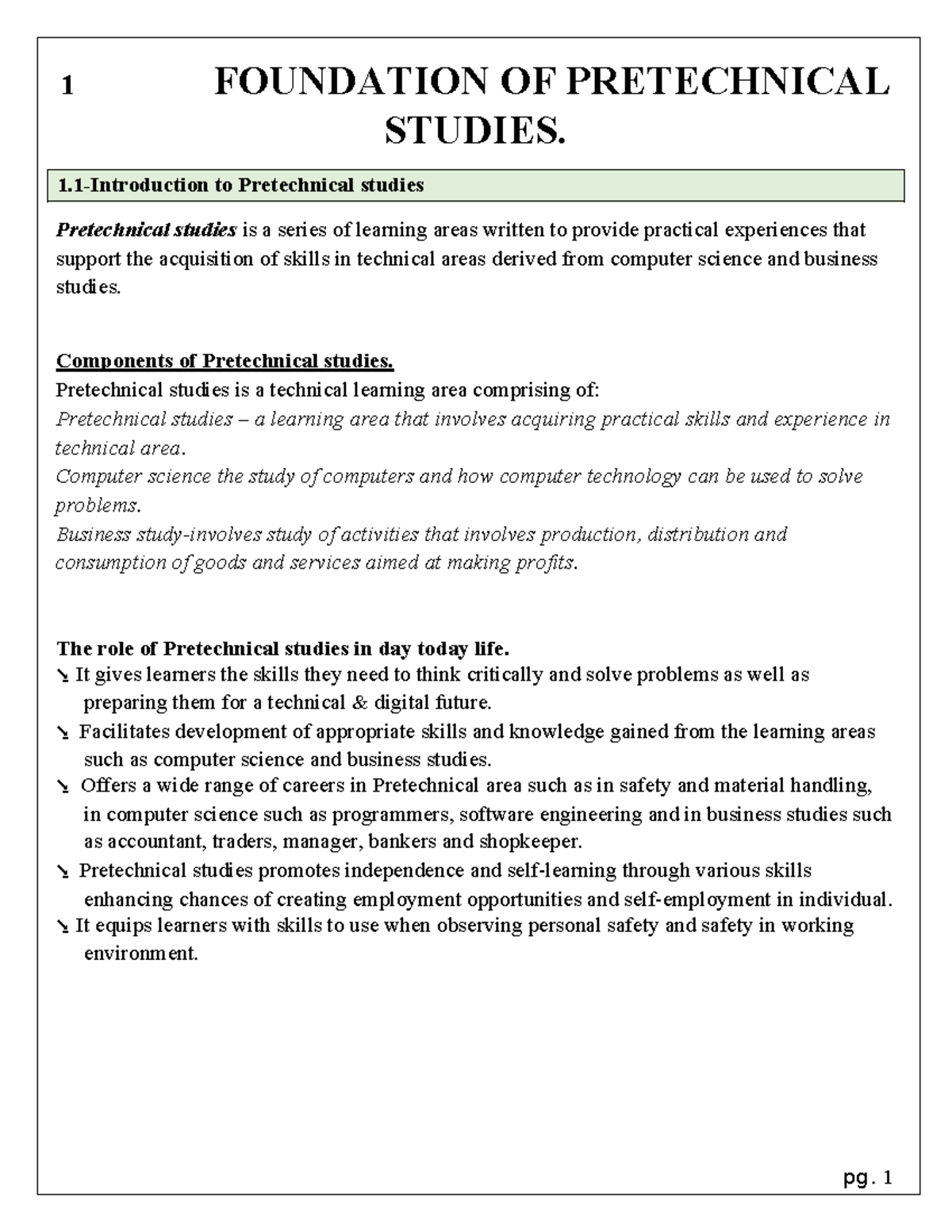 Pretechlesson notes G7: Foundations of pretechnical studies and safety ...