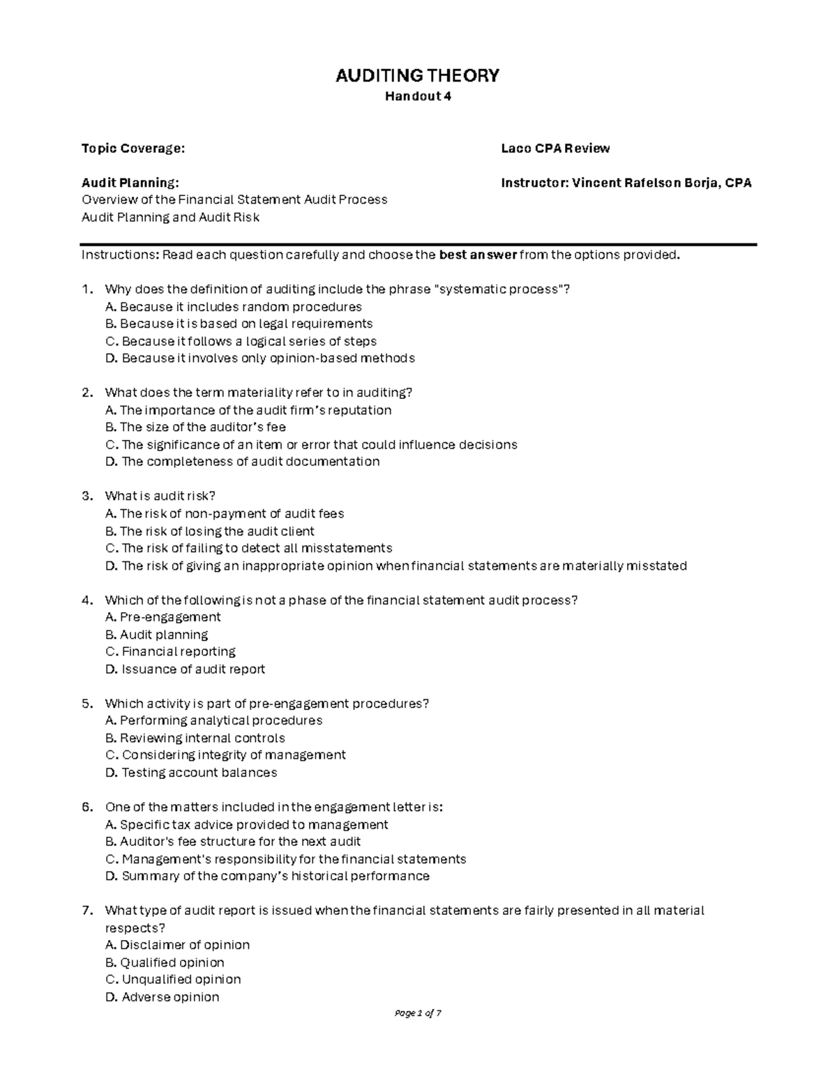 AUDITING THEORY AT Handout 04: Overview of Audit Planning Process - Studocu