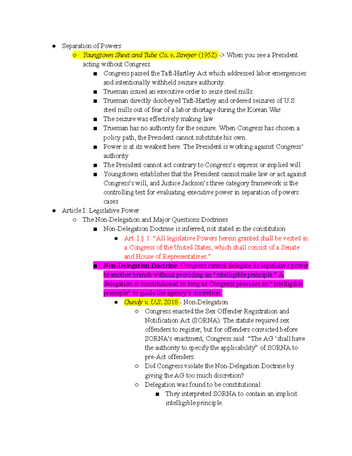 Con Law Outline: Separation of Powers & Key Cases (2023) - Studocu