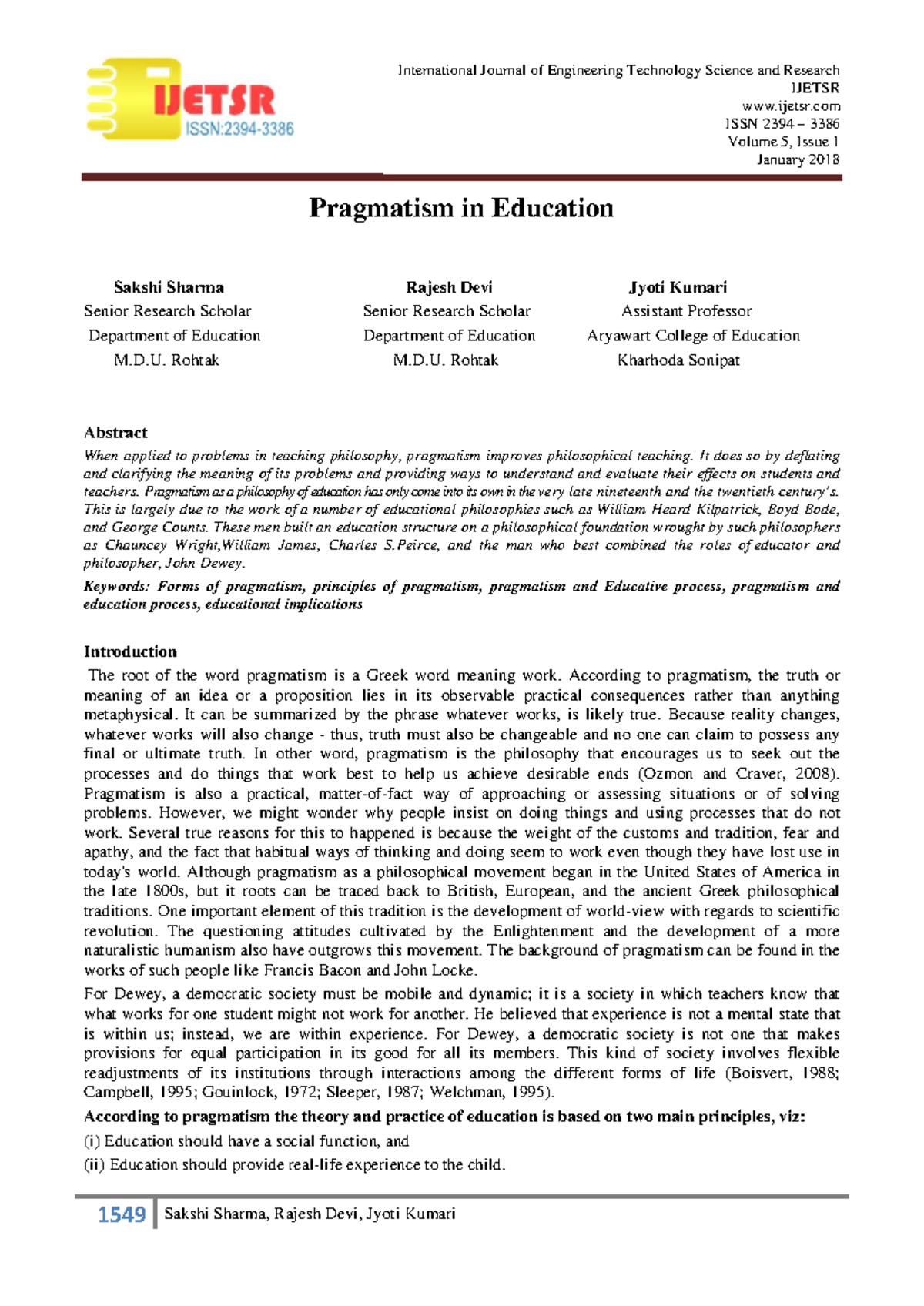 549 Edu Pragmatism: Principles, Forms & Implications in Learning - Studocu