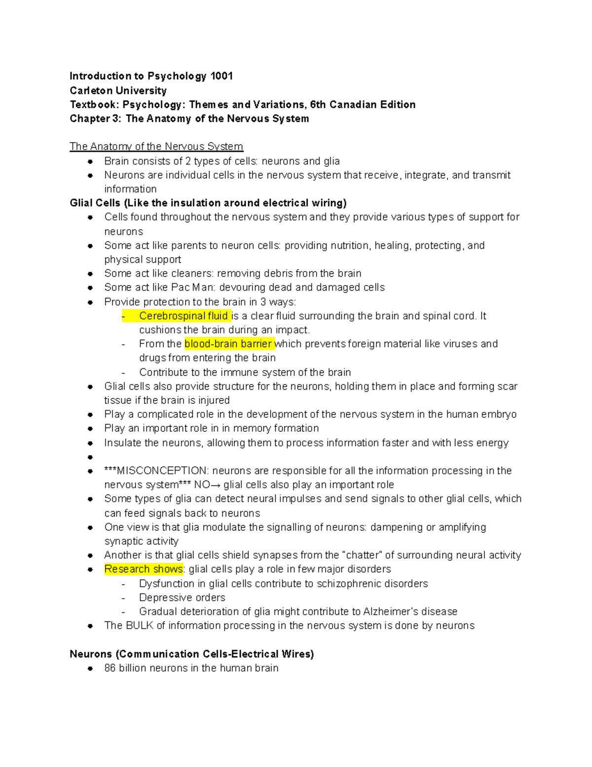 Psych 1001 Chapter 3 Notes: The Anatomy of the Nervous System - Studocu