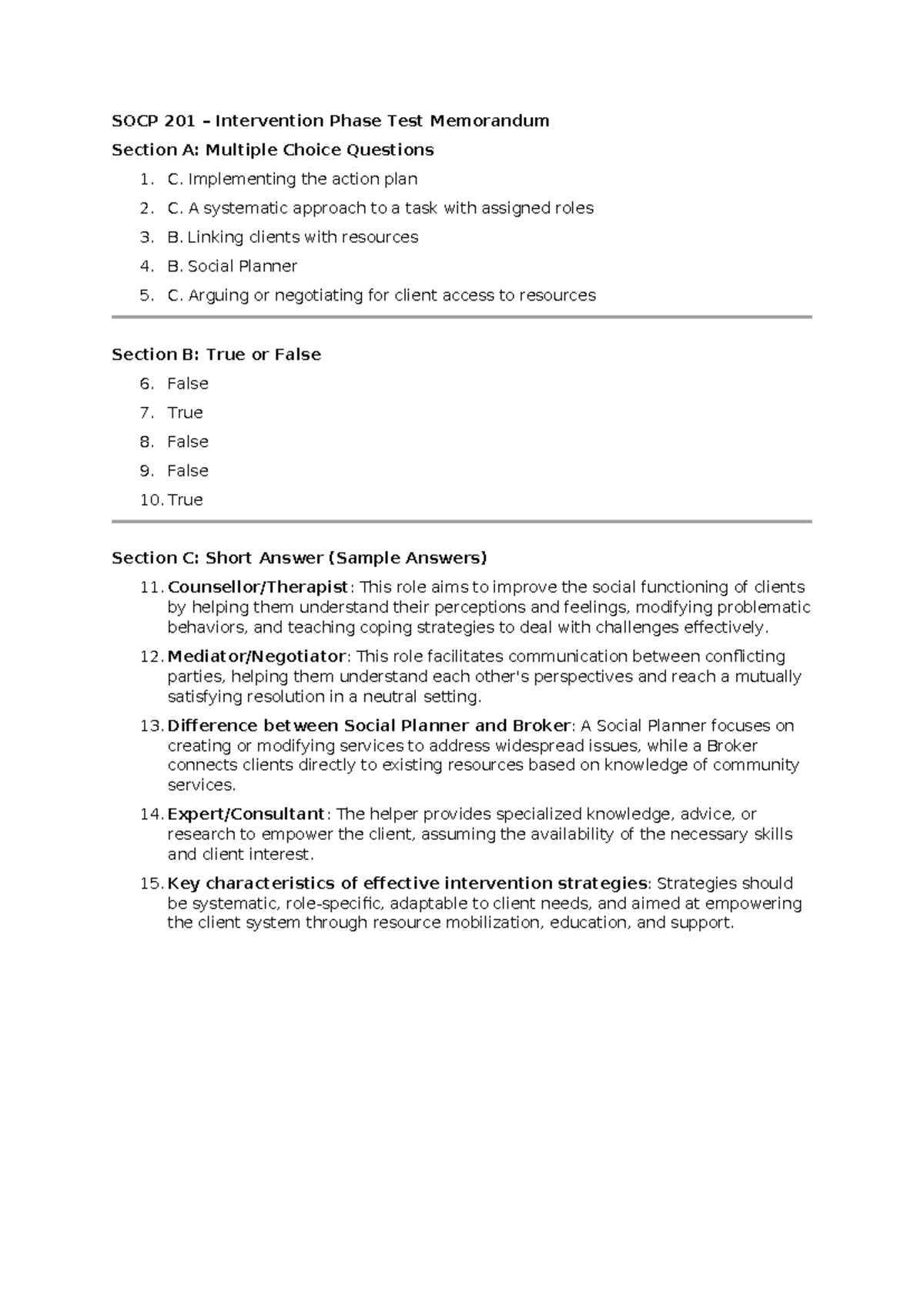 SOCP 201 Intervention Phase Test Memorandum: MCQs & Short Answers - Studocu