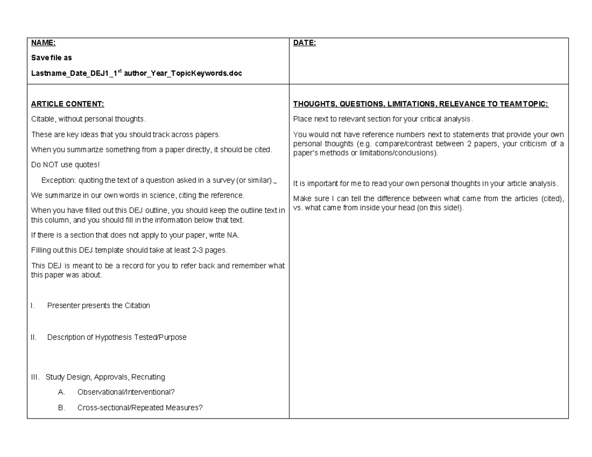 DEJ Template for Critical Analysis in Research Studies (DEJ1) - Studocu