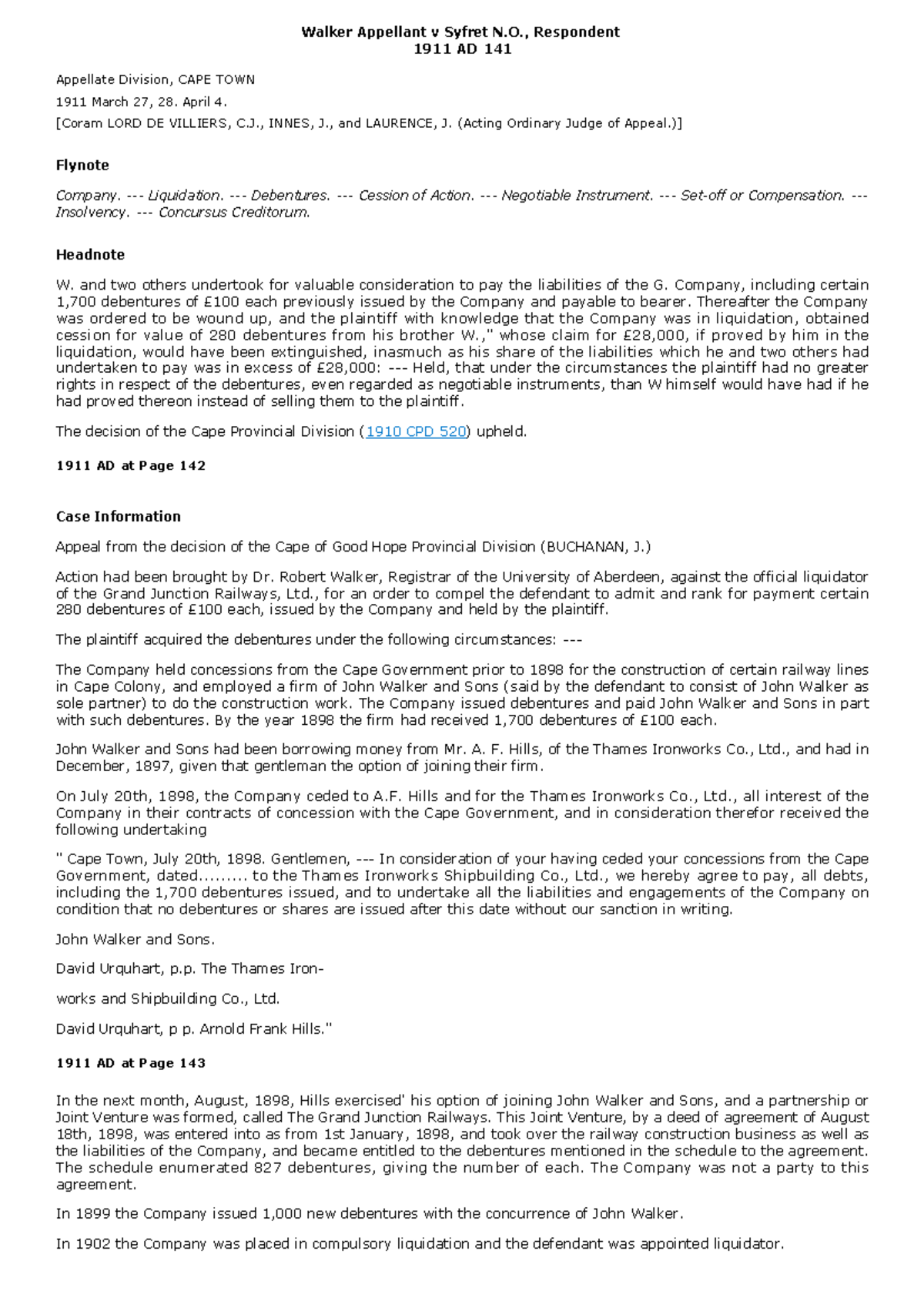 Walker Appellant v Syfret N.O. 1911 AD 141 - Case Summary & Analysis ...
