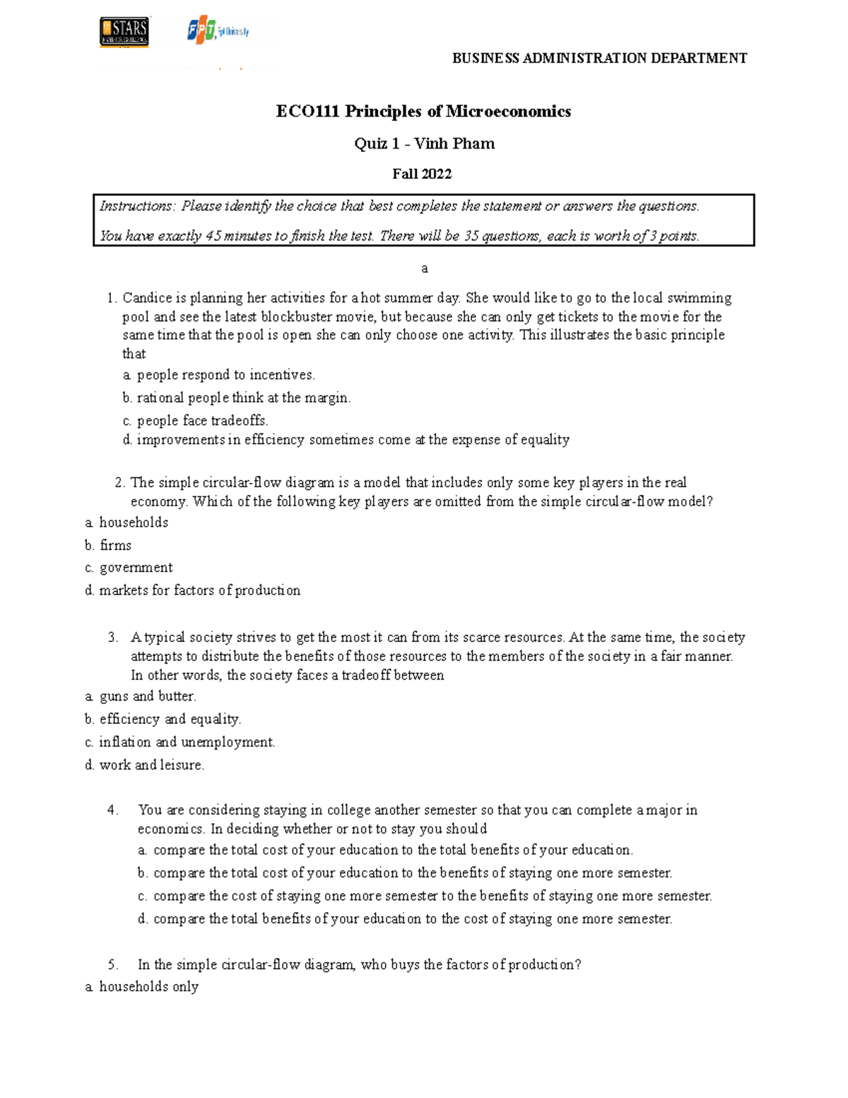 Micro Quiz 1 FA 2022 - hdgftyjtrkyu - ECO111 Principles of ...