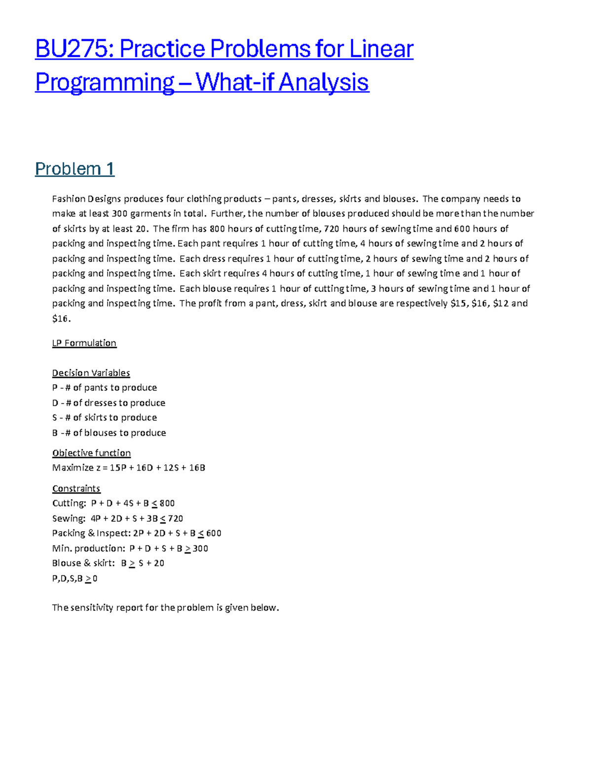 BU275: Sensitivity Analysis Problems for Linear Programming - Studocu