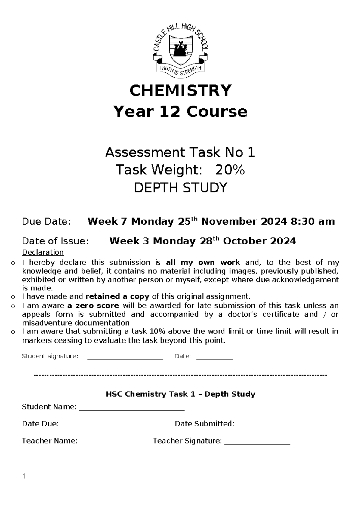 Chemistry Depth Study Notification 2025 - CHEMISTRY Year 12 Course ...