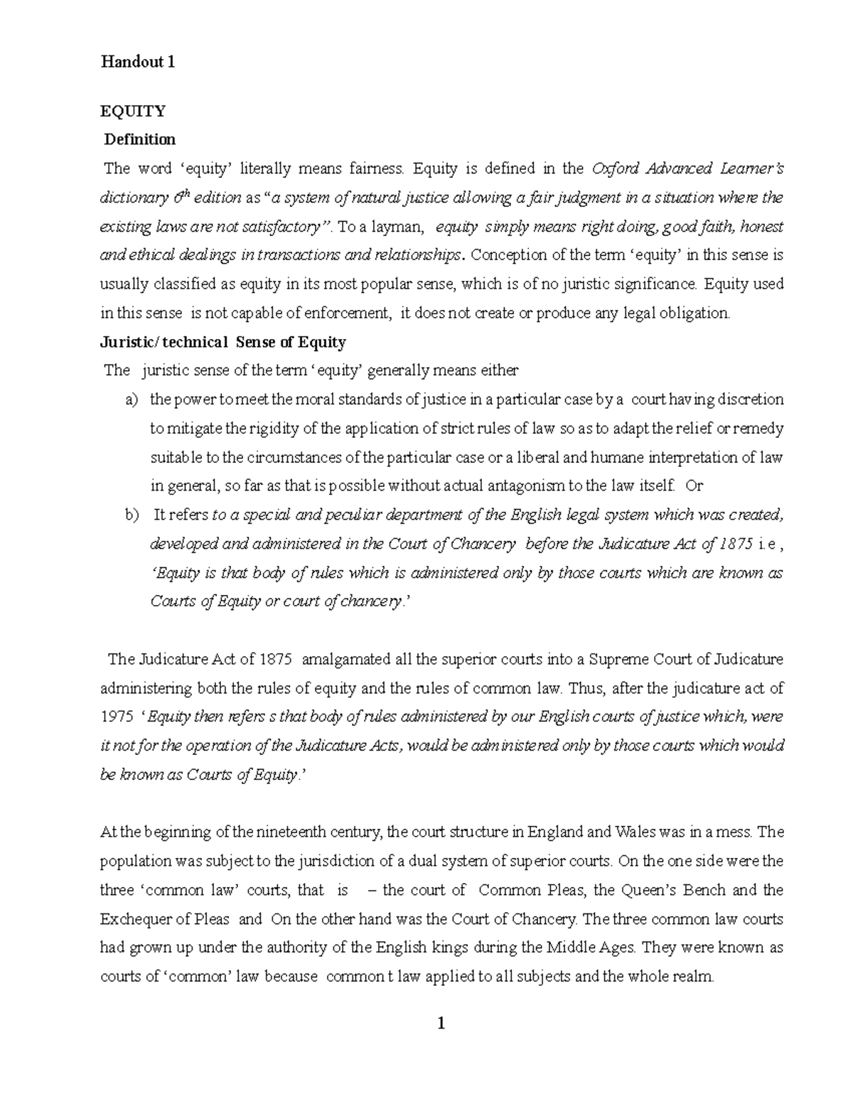 Equity Lecture Notes Handout 1: Understanding Legal Principles and ...